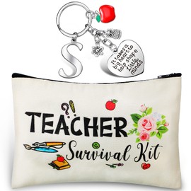 Hinly Teacher Appreciation Gifts Set Teacher Survival Kit Bag Keychain with Initial Makeup Pouch Cosmetic Bag for 2025 Graduation(S Style)