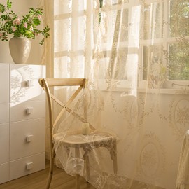 Sutuo Home Beige Lace Curtains 84 Inches Long 2 Set, Sheer Panels Rose Floral Embroidery Vintage Voile Window Treatment Pair for Bedroom Living Room, Retro Christmas Decor Rod Pocket, W57 x L84