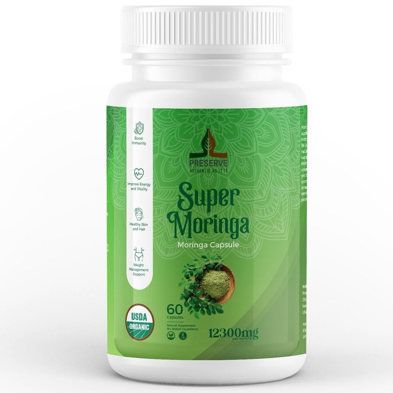 PRESERVE Organic Moringa Capsules 12,300mg 100% Vegetarian Green Super food