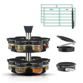 Farazza Black Rotating Spice Rack With Jars, Spinning Spice Rack For Countertop - Revolving Tower Organizer for Kitchen Seasonings - Kitchen Carousel Storage, Stainless Steel, 12 Jars