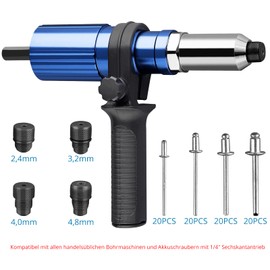AUTOUTLET Rivet Attachment for Drill, Cordless Screwdriver, Electric Rivet Adapter, Rivet Nuts Adapter Kit with 2.4/3.2/4.0/4.8 mm Nose Pieces and 80 Rivets, for Blind Rivets Made of Aluminium, Steel