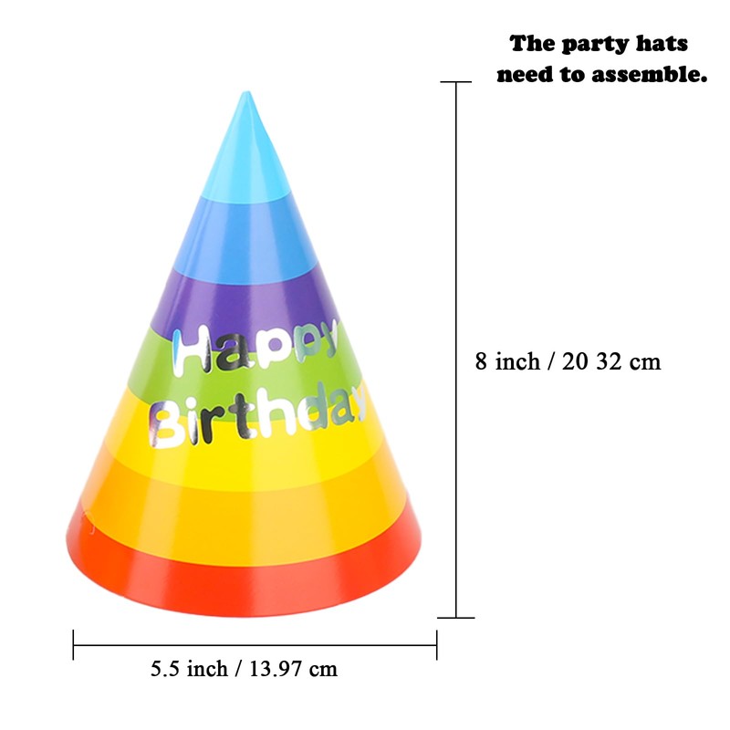 Rainbow Cone Party Hats for Kids & Adults - 12