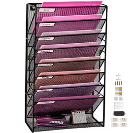 ideallife 8 Pockets Mesh Wall File Holder Organizer with Bottom Flat Tray, Office Hanging File Folder Magazine Rack, Nametag Label Hooks Set Included, Black Large Mesh