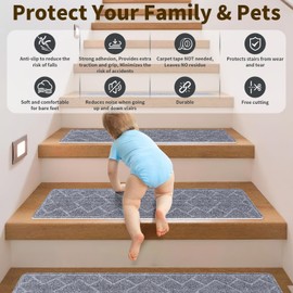 SMILOOL Stair Treads Non Slip for Wooden Steps Indoor 15 Pack 8" x 30" Stair Tread Carpet Stairs Runner, Step Pads with Reusable Adhesive for Dogs Kids Elders, Machine Washable, Light Grey