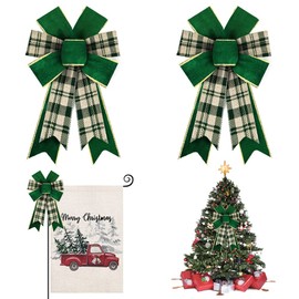 Hying 2PCS Christmas Bows for Wreath, Green Velvet Wreath Bows for Christmas Décor Gold Edge Plaid Winter Bows for Front Door Indoor Outdoor Wall Tree Topper Decoration Supplies Christmas Ornament