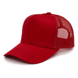 Funky Junque 5-Panel Structured Mesh Trucker Hat for Men, Adjustable Snapback Baseball Cap with Breathable Back for Outdoor Activities and Everyday Wear - Red