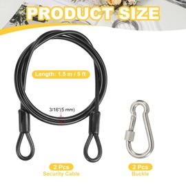 PATIKIL Security Cable 5 ft x 3/16" (5mm), 2Pcs Braided Stainless Steel Coated Safety Wire Rope with Double Loop for Travel Luggage Bicycle Lock Cable, Black