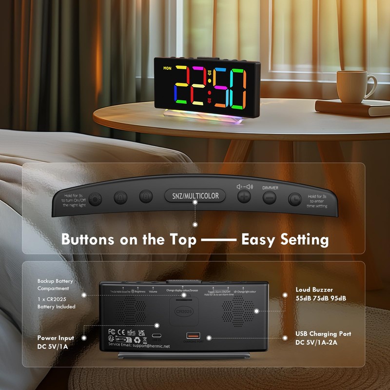 HERMIC Alarm Clock, Digital Alarm Clock Bedside for Kids Mains