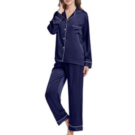 JCQIGOA Women's Pajamas Set Long Sleeve Pyjamas Ladies Set Two Piece Loungewear Long Nightwear Sleepshirt, Blue M