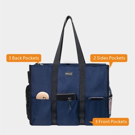 TOPDesign Bolsa de mano resistente al agua con 13 bolsillos exteriores e interiores, cierre de cremallera superior y soporte inferior grueso, Azul / Patchwork, Mediano