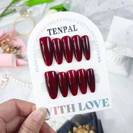 TENPAL Handmade Press on Nails Long Almond Cherry Red Nails Press ons Acrylic Soft Gel Fake Nails Tips 10pcs/Box Dark Wine Red Glue on Nails Drop Shape Reusable Glossy False Nails For Women Girls(XS)