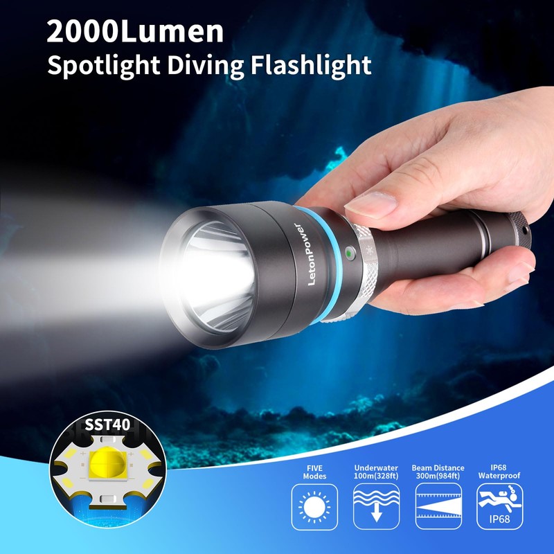 LetonPower Tynny-16sx 2000 Lumens Dive Lights Scuba Diving, 5 Modes
