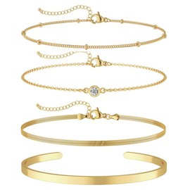 TTPSRY Set of 4 Bracelets Stainless Steel Cuff Bangle Minimalist Stackable Bracelet Set Adjustable Waterproof Bracelet Twist Figaro Chain Bracelets Gift for Women, Stainless Steel