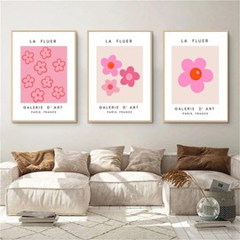 AQCQDQ Set of 3 Poster Set Pink Boho Decorative Wall Pictures, Pink Flowers Pictures Bedroom Aesthetic Room Decoration Teenager Girls, Without Frame, Canvas Wall Collages, Aesthetic Decorative Poster