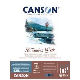 CANSON Mi-Teintes Velvet Pastel Paper, Velvety Surface, 430 g/m², Glued on the Short Side, 24 x 32 cm, 3 Cool Tones, 12 Sheets
