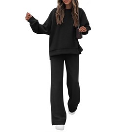KIRUNDO Fall Sweatsuits Women 2 Piece Outfit Lounge Sets 2025 Matching Airport Oversized Sweatshirt Sweatpants Tracksuit(Black, X-Large)