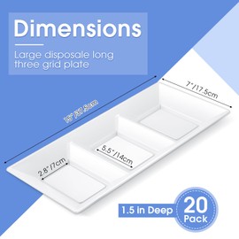 Ziliny 3 Section Serving Tray Bulk Serving Dish Compartment Appetizer Tray Plastic Dessert Platter Rectangular Divided Bowls Disposable Plate for Snack Desserts Fruit, 15 x 7 in(White,30 Pcs)