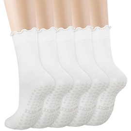 Ludaro 5 Pairs Ruffle Pilates Yoga Socks with Grips for Women, Cute Cotton Frilly Cuff Non Slip Grippy Athletic Crew Socks for Pilates, Yoga, Ballet, Barre, Dance, Hospital