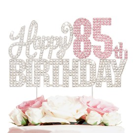 Nelbiirth Decoración para tartas con diamantes de imitación plateados y rosados para cumpleaños 85 - Letrero de metal brillante para decoración de tartas con texto en inglés "Cheers to 85 Years Old 85th Birthday"