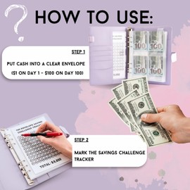 100 Envelopes Money Saving Challenge Book with Preprinted Numbers and Laminated Tracking Page - Easy & Fun Way to Save $5,050 in 100 Days, Money Budget Binder with Cash Envelopes by LARIXE (Purple)