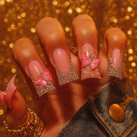Junk Nails Press on Pink Short Duck Square Fake Nails with Butterfly Charms Designs False Baddie Nails Cute Rhinestones Stick on Nails for Women 24Pcs (Designs, duck pink)