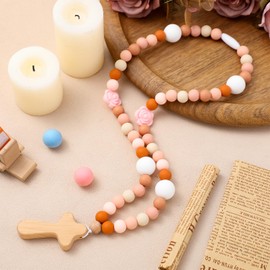 Misdary Baby Rosary Baptism Gift Silicone God Bless Kids First Rosary with Cross 1st Year Baptism Party Supply for Baby Shower Christian Communion Gifts (Pink,Flowers)