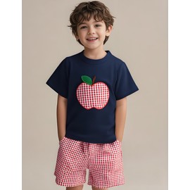 Kids Toddler Boys Back to School Outfit Apple Applique Shirt + Plaid Shorts First Day of Preschool Kindergarten Clothes (Navy Blue, 6-7 Years)
