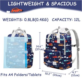 VASCHY School Backpack for Boys, 12L School Bags for Kids 4-6 Years Toddler Backpack Water Resistant Children's Rucksack with Chest Strap and Bottle Pockets for Elementary School(Vehicles)