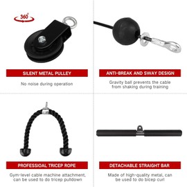 Monfasye Cable Pulley System Upgraded DIY LAT and Lift Weight Pulley Machine Attachment Home Gym Forearm Wrist Roller for Triceps Pull Downs Biceps Curl Forearm Shoulder (Straight + Tricep)
