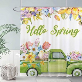 Allenjoy 72" x 72" Hello Spring Truck Shower Curtain for Bathroom Set Easter Watercolor Colorful Floral Flower Bath Bathtub Decorations Decor Durable Easy Care Machine Washable