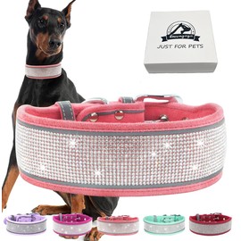 Kawagogo Bling Diamond Dog Collar for Females Girls,Soft Velvet Leather with Fancy Sparkly Crystal Rhinestones,Reflective Stripe,Suit Medium Large Dogs (Pink, M)