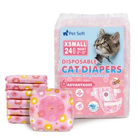 Pet Soft Disposable Cat Diapers - Diaper for Female & Male Cats, Puppy Doggie Diapers for Female Dogs with Adjustable Foam Tail Hole, X-Small (24Pcs, PK Flowers)