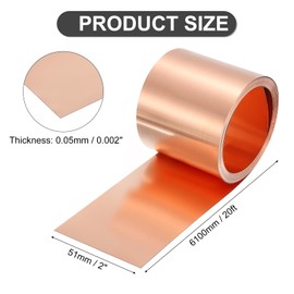 sourcing map Pure Copper Sheet Roll, 0.05mm 29Ga Thick T2 Copper Flashing 6100mm x 51mm/20Ft x 2in Copper Strip Soft Copper Metal Foil Plate for Craft Electrical House Repair