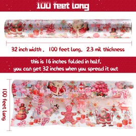 Kolewo4ever 100 Ft X 32 inch Christmas Pink Cellophane Wrap Roll Vintage Xmas Cellophane Wrap with Special Santa Claus Elk Christmas Tree for Christmas Gift Basket, Treat Wine