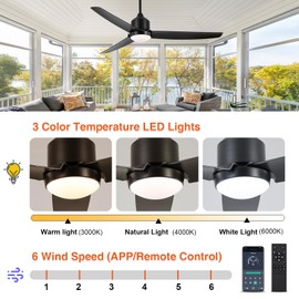 BZX Waterproof Outdoor Ceiling-Fan with Light - 52" Modern Ceiling Fans with 3 Colors LED Light, App & Remote Control, Quiet DC Motor, for Patios Gazebo, Black