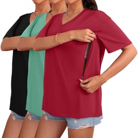 Sweetyweee 3 Pack Women's Oversize Nursing Shirts for Breastfeeding with Hidden Zippers Loose Fit Short Sleeve Maternity Tops(Red, Light Green, Black,X-Large)