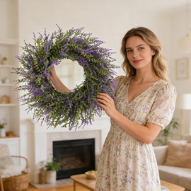 26inch Lavender Wreath for Front Door, Spring Summer Lavender Door Wreath with Eucalyptus Leaves Purple Flower Wreath All Seasons for Indoor Outdoor Home Door Wall Farmhouse Decor
