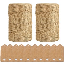 2 Reels 2mm Jute Garden String, Jute Twine String, 100m Long Natural Jute Twine Brown String for Gift Wrapping, Gardening Floristry, Arts, DIY Crafts Decoration, Garden Twine with 10 Kraft Paper Tags
