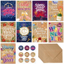 HOWAF 9pcs Happy New Year Cards with Envelopes Stickers, Kraft Colorful Assorted New Years Greeting Card Set for 2025 NYE Party Employee Friends Families, New Year Thank You Cards