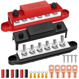 Seamaka (Red+Black) Power Distribution Terminal Block with Cover with 6 x 1/4” (M6) Post,Battery 12V Bus Bar with Ring Terminals for Car Boat Marine O-Q-080