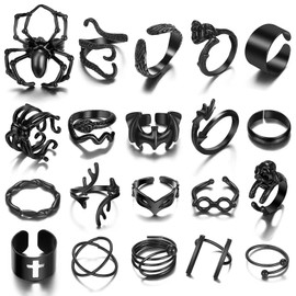 Goth Rings - 20PCS Black Ring, Grunge Rings, EMO Jewellery, Rings Set, Y2K Rings, Black EMO Rings, Y2K Open Black Rings Set, Snake Bat Devil Spider Claw Skul Adjustable Stacking Ring Gothic Jewelry