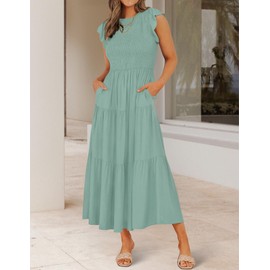 ZESICA Women's 2025 Summer Casual Flutter Short Sleeve Crew Neck Smocked Elastic Waist Tiered Midi Dress,Sage,X-Large