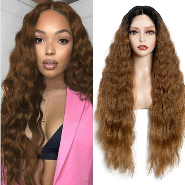 FASHION IDOL Long Wavy Synthetic Lace Front Wigs 30 Inch Deep Middle Part Baby Hair Wigs for Women 5% Brazilian Human Hair and 95% Heat Resistant Fiber