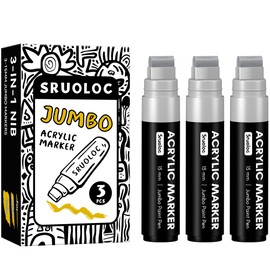 SRUOLOC 3 Jumbo Permanent Markers Silver, 15mm Thick Wide Tip, Large Acrylic Paint Markers for Rock Painting, Poster, Stone, Ceramic, Glass, Wood, Canvas