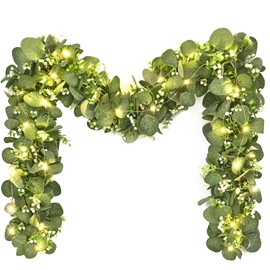 Artflower 4 Pack Artificial Eucalyptus Garland with Flowers & Lights, 5.9ft/pcs Fake Greenery Garland, Faux Flowers Garland Vines for Table Wedding Backdrop Arch Party Mantle Festival Decor