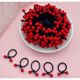 Hair Ties with Beads, 100 Pack, Colorful and Black Elastic Bands, Multi-Color and Red Ball Design (red)