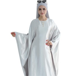 khalat khalat Abaya Muslim Dress Women Satin Prayer Dress Batwing Long Sleeve Middle East Arabian Robe with Hijab Gray