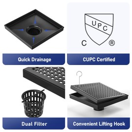 Bernkot Square Shower Drain 8", 304 Stainless Steel Floor Drain with Grid Drain Cover & Hair Strainer, Shower Drain w/CUPC Certified, Matte Black