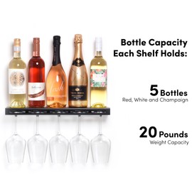 xympo Wall Mounted Wine Rack (Pack of 2), Metal Floating Bar Shelf with Bottle and Glass Holder for Liquor Storage