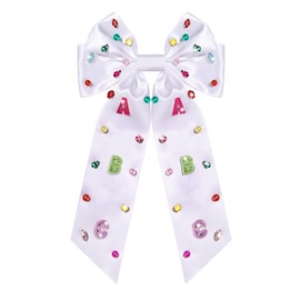 Boderier Teacher Gifts Hair Bows for Women Beaded ABC Hair Bow Clips Large Jeweled Satin Ribbon Bow Barrette Hair Clip Back To School Teacher Must Haves Accessories ABC White